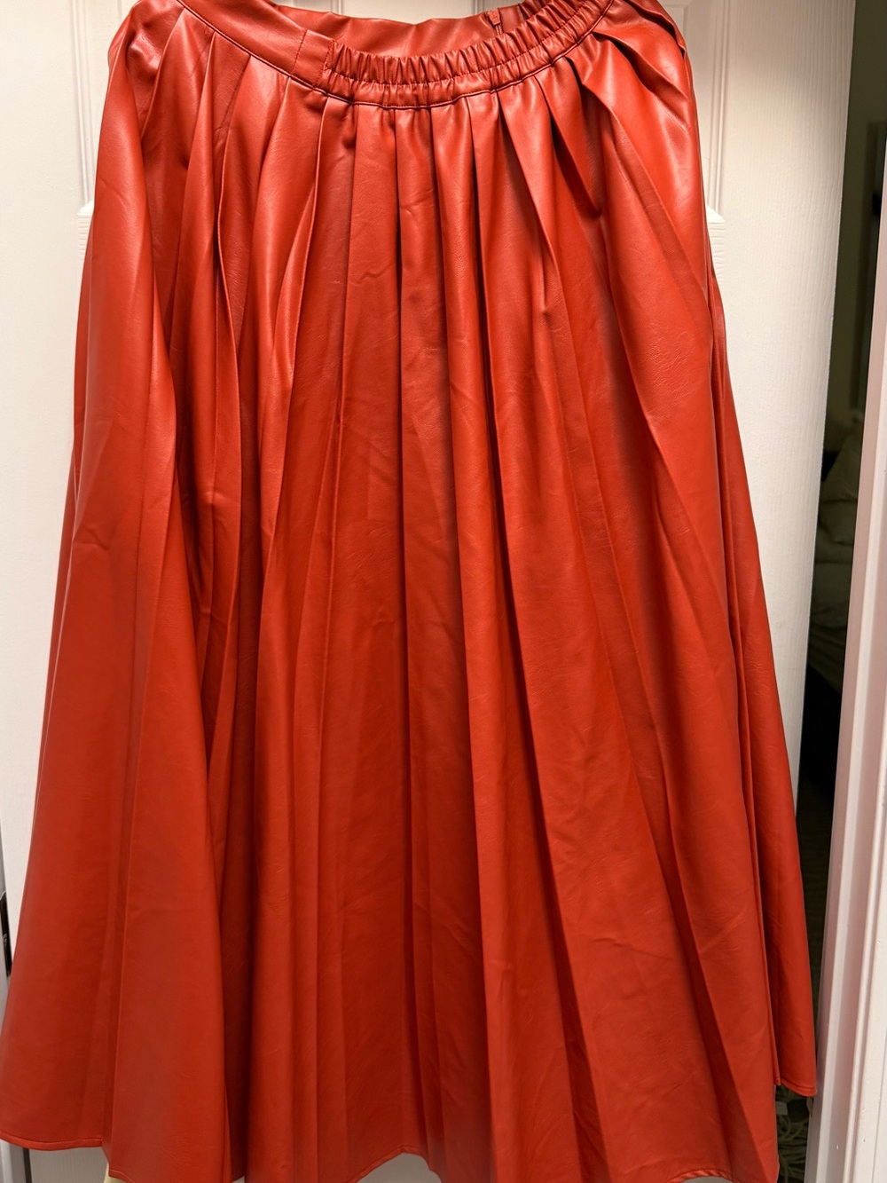 STYLEWE Orange-Red Faux Leather Pleated Full Skirt